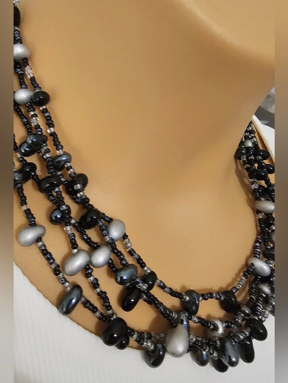 Multi-Strand Black & Silver Beaded Necklace - Women Jewelry